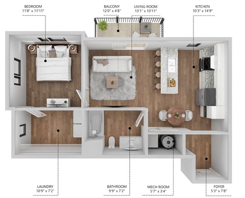 Floor plan for 1 bed, 1 bath, 673 sqft